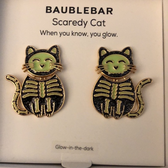 Baublebar Gold Tone Green & Black Scaredy Cat Glow In The Dark Drop Earrings NIB - Picture 5 of 14
